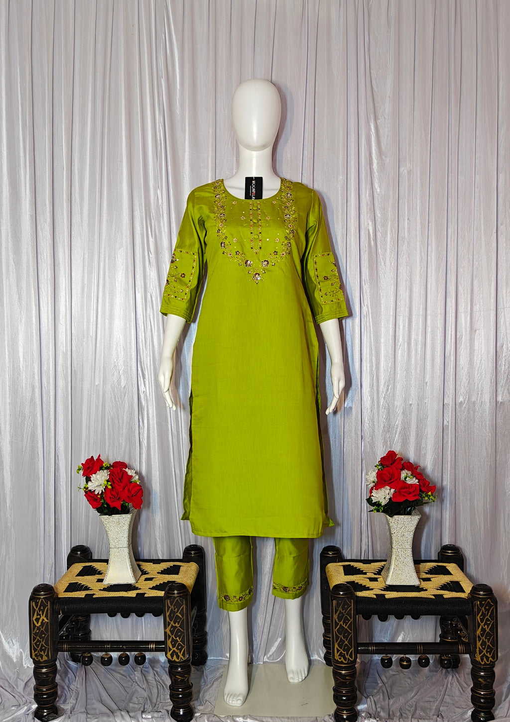 Lime Green Designer Marina Silk Embroidered Set with Maslin Dupatta