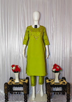 Lime Green Designer Marina Silk Embroidered Set with Maslin Dupatta
