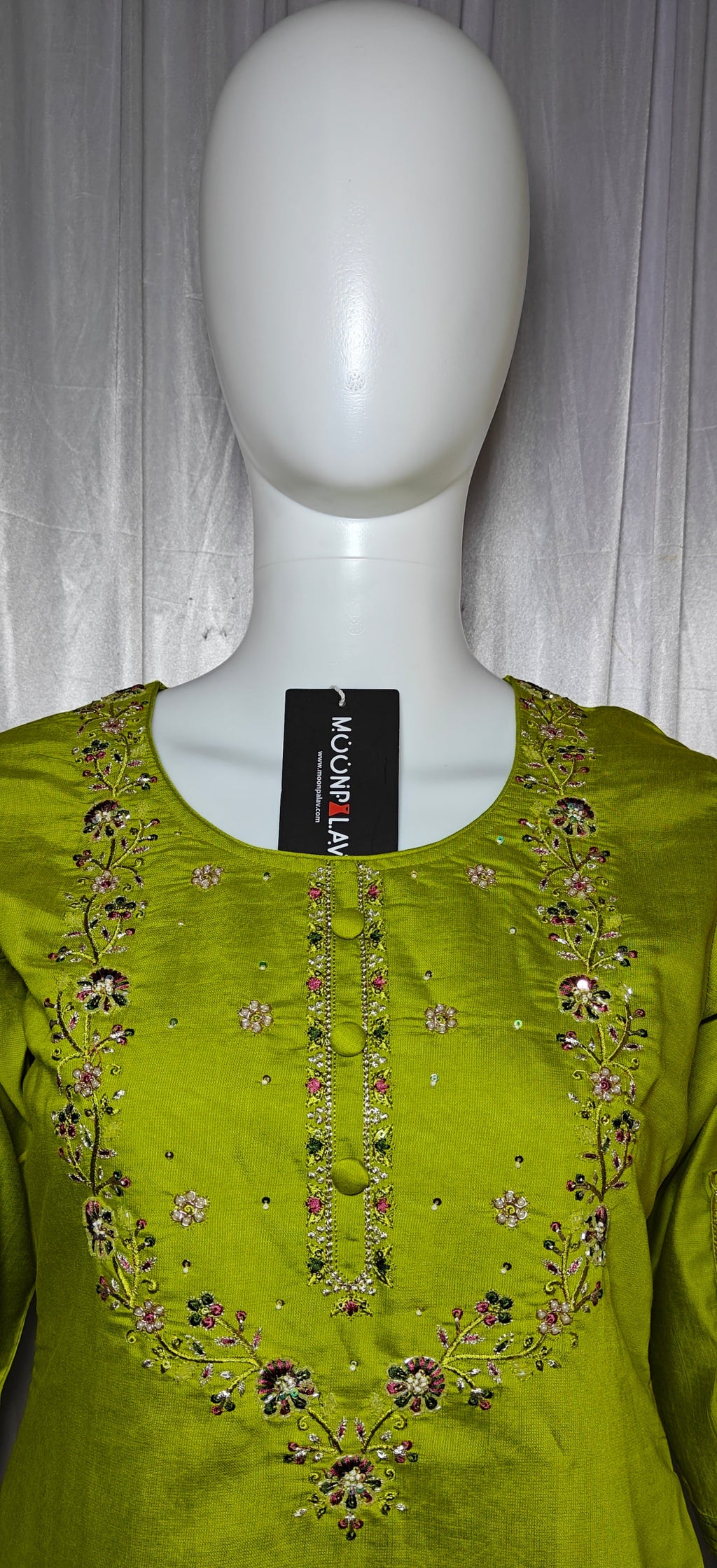 Lime Green Designer Marina Silk Embroidered Set with Maslin Dupatta