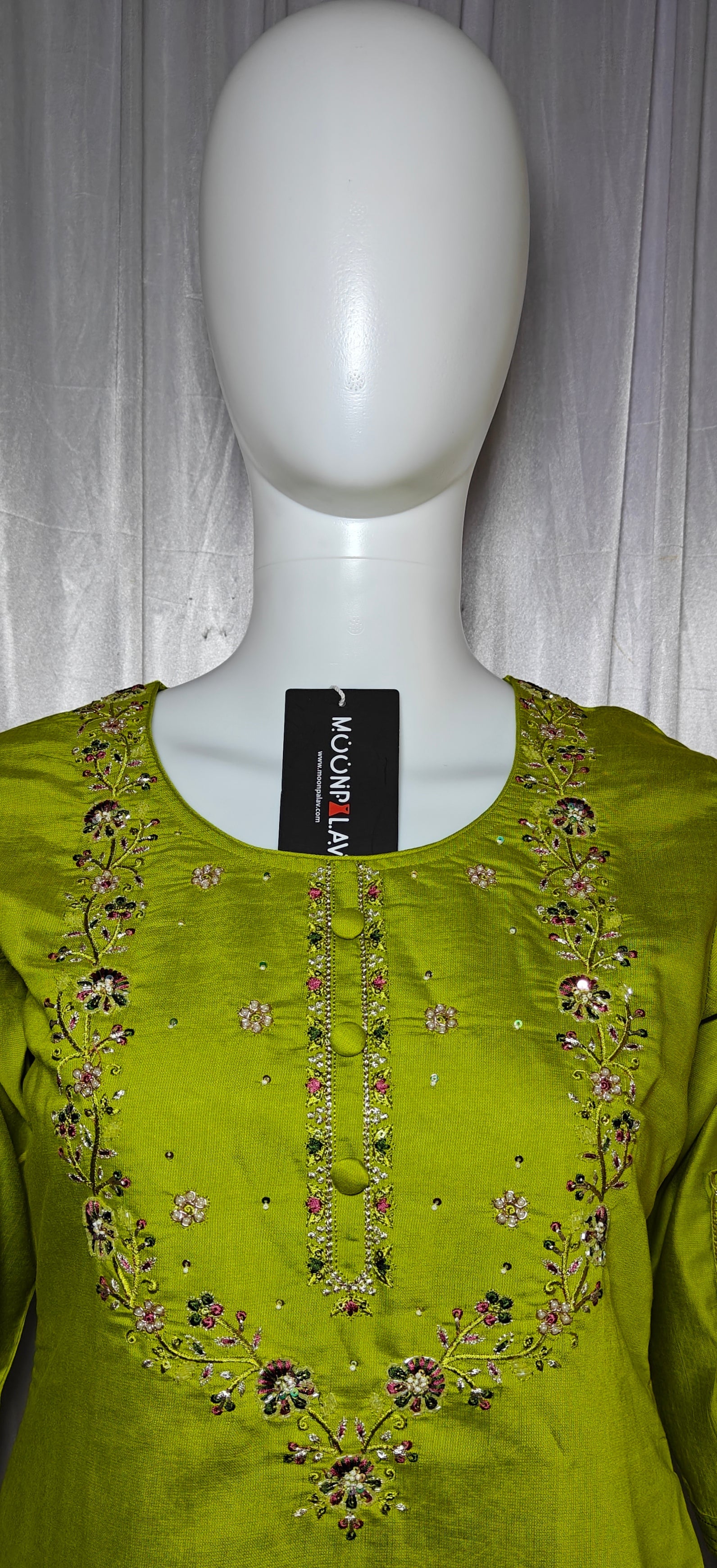Lime Green Designer Marina Silk Embroidered Set with Maslin Dupatta