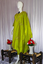 Lime Green Designer Marina Silk Embroidered Set with Maslin Dupatta