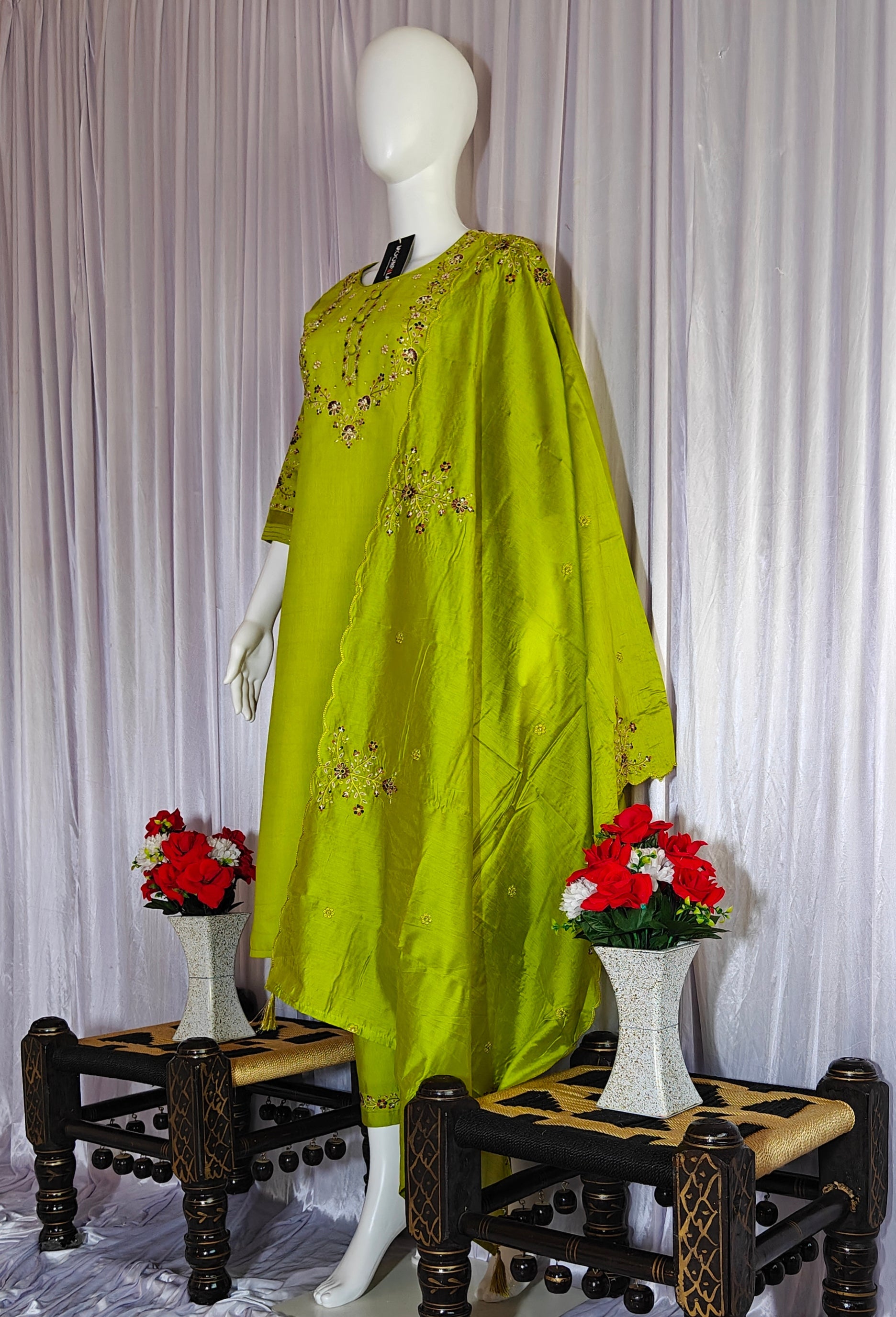 Lime Green Designer Marina Silk Embroidered Set with Maslin Dupatta