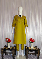 Mustard Marina Silk Handwork Kurti Pant Set with Maslin Dupatta