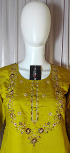 Mustard Marina Silk Handwork Kurti Pant Set with Maslin Dupatta