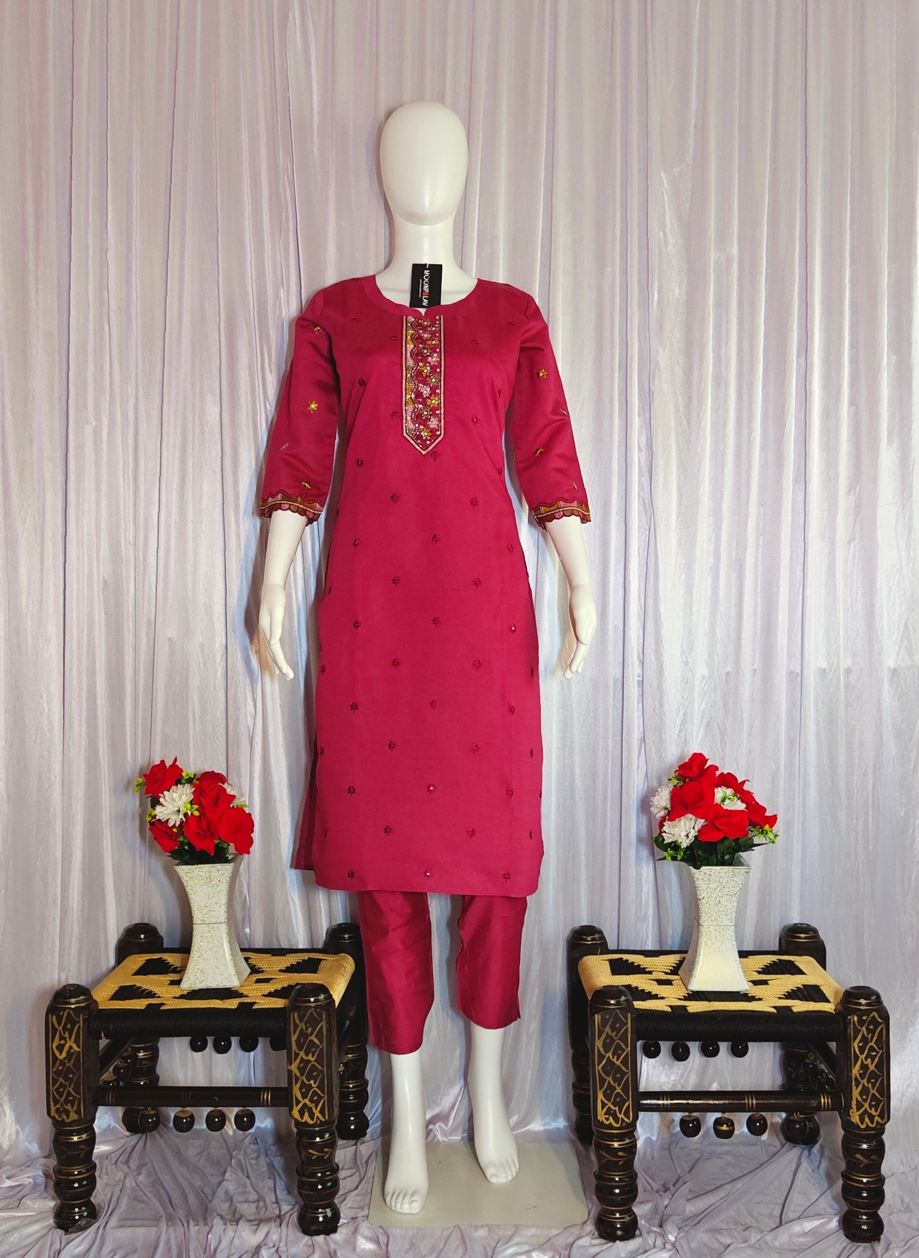 Moonpalav Magenta Roman Silk Handwork Kurti Set with Floral Digital Dupatta