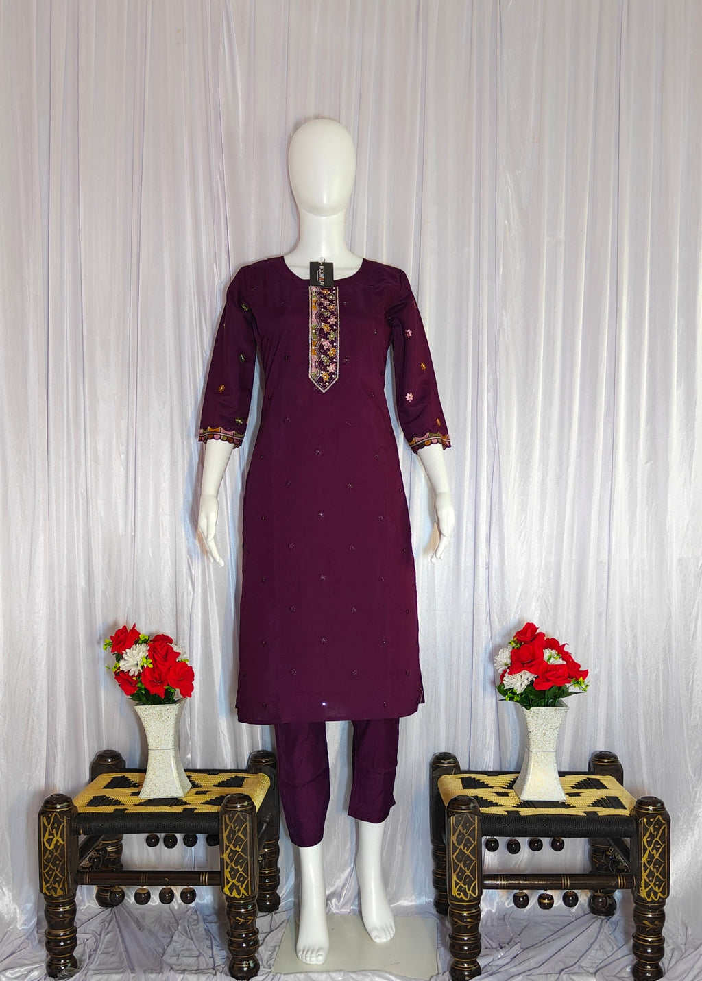 Moonpalav Wine Roman Silk Hand Embroidered Kurti Set with Digital Print Dupatta
