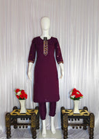 Moonpalav Wine Roman Silk Hand Embroidered Kurti Set with Digital Print Dupatta