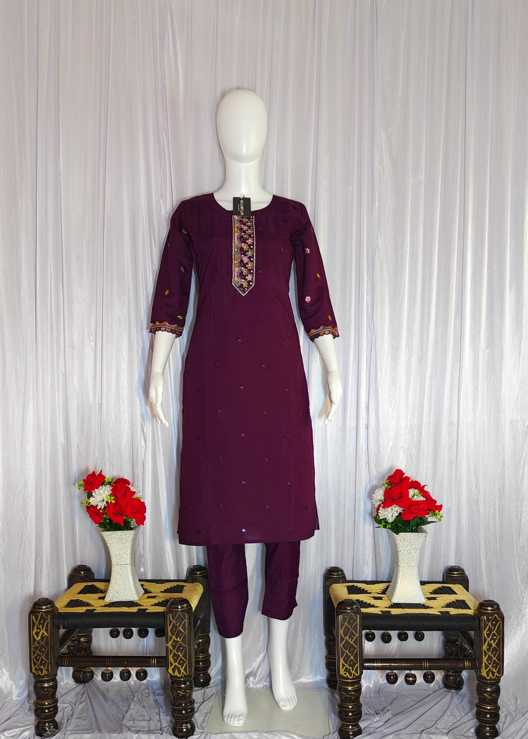 Moonpalav Wine Roman Silk Hand Embroidered Kurti Set with Digital Print Dupatta