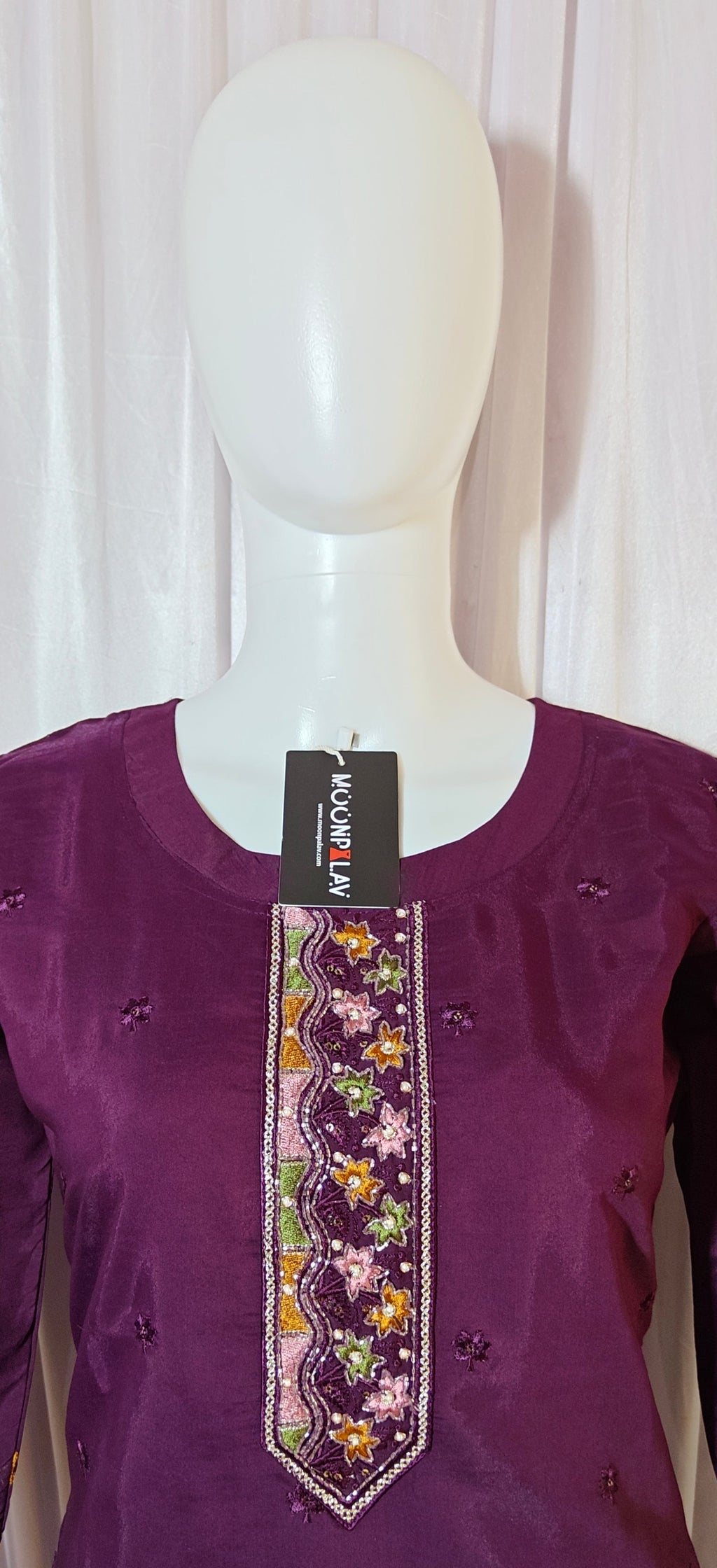 Moonpalav Wine Roman Silk Hand Embroidered Kurti Set with Digital Print Dupatta