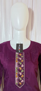 Moonpalav Wine Roman Silk Hand Embroidered Kurti Set with Digital Print Dupatta