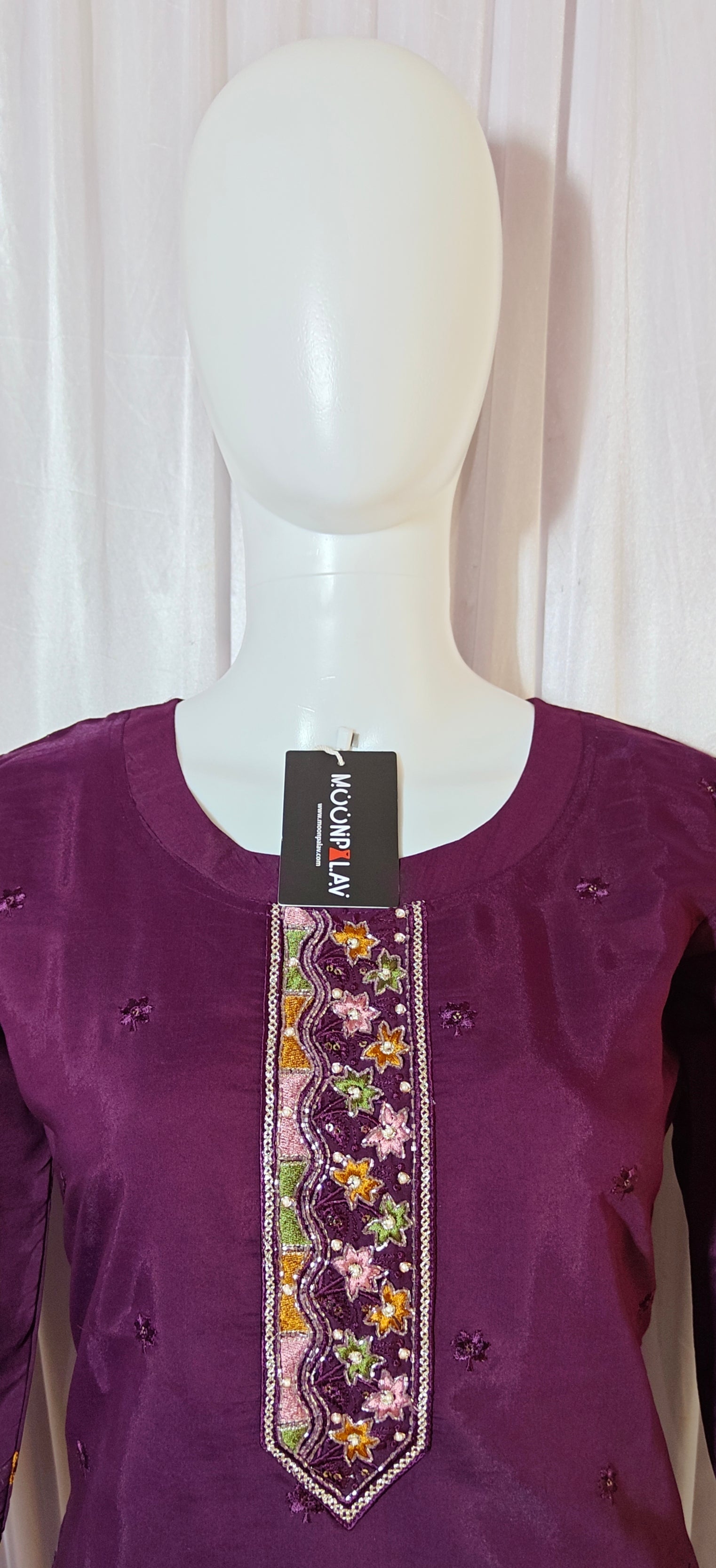 Moonpalav Wine Roman Silk Hand Embroidered Kurti Set with Digital Print Dupatta