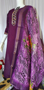 Moonpalav Wine Roman Silk Hand Embroidered Kurti Set with Digital Print Dupatta