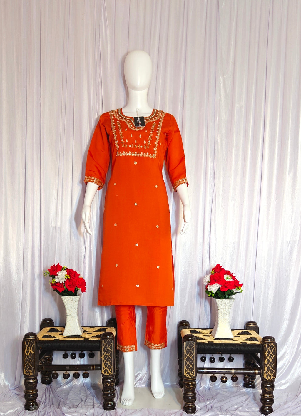 Moonpalav Burnt Orange Viscose Silk Festive Wear Kurti Set
