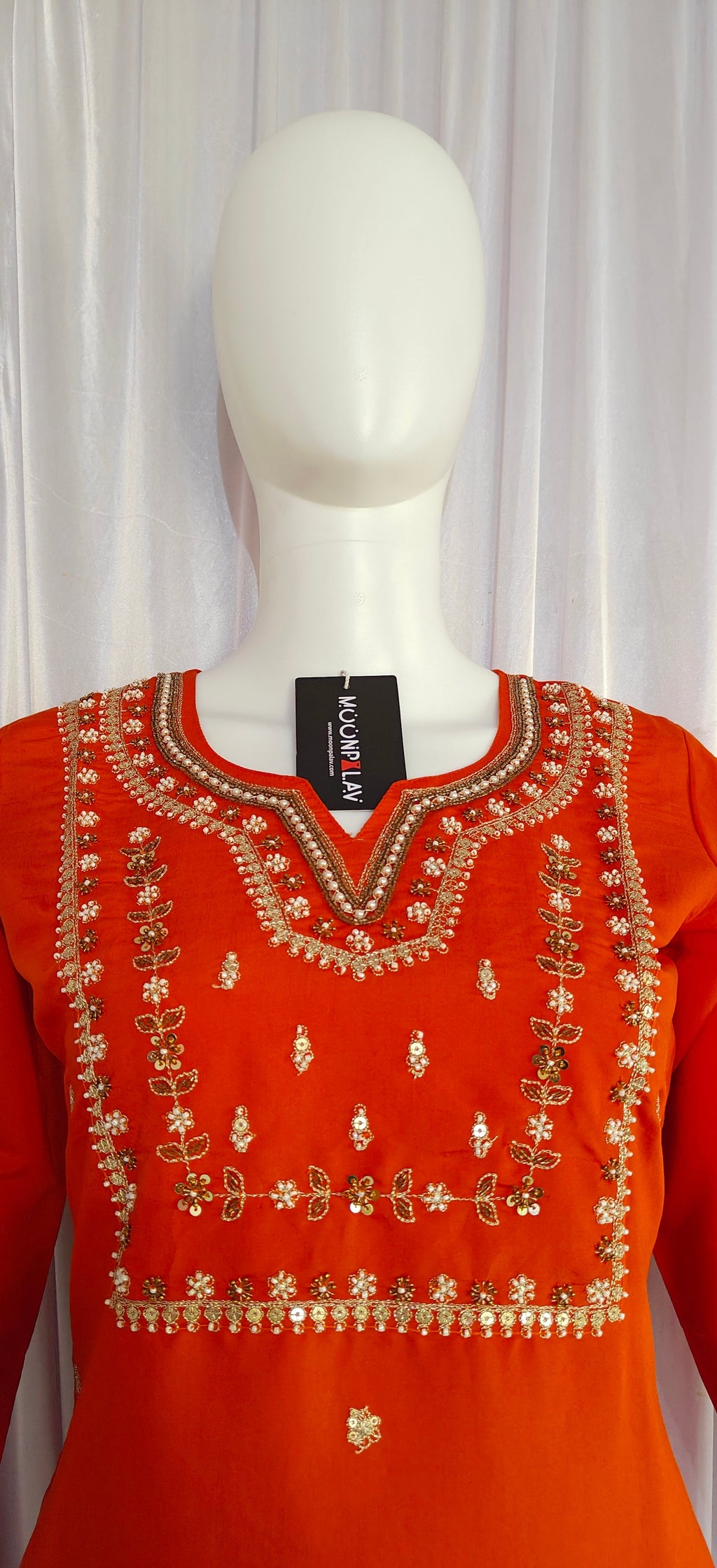 Moonpalav Burnt Orange Viscose Silk Festive Wear Kurti Set