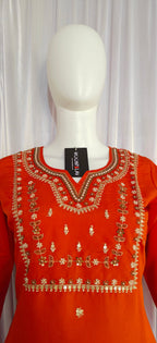 Moonpalav Burnt Orange Viscose Silk Festive Wear Kurti Set