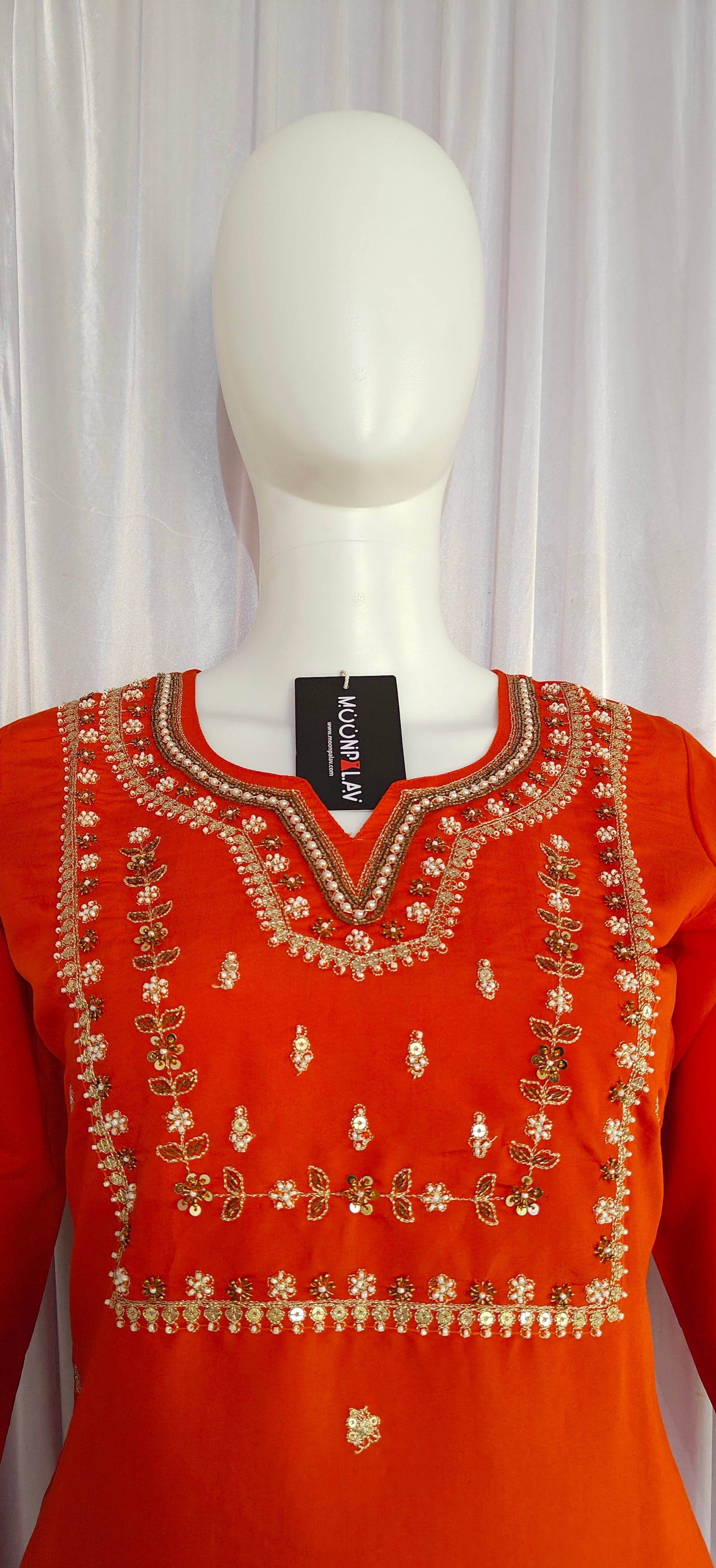Moonpalav Burnt Orange Viscose Silk Festive Wear Kurti Set