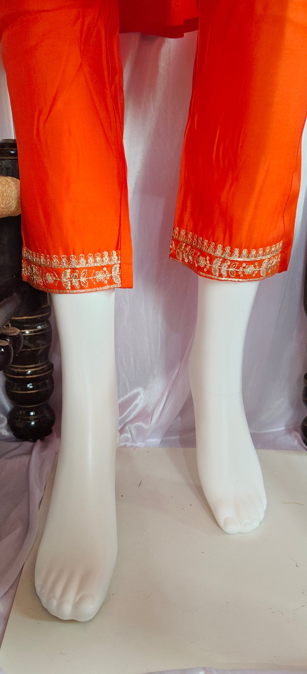 Moonpalav Burnt Orange Viscose Silk Festive Wear Kurti Set
