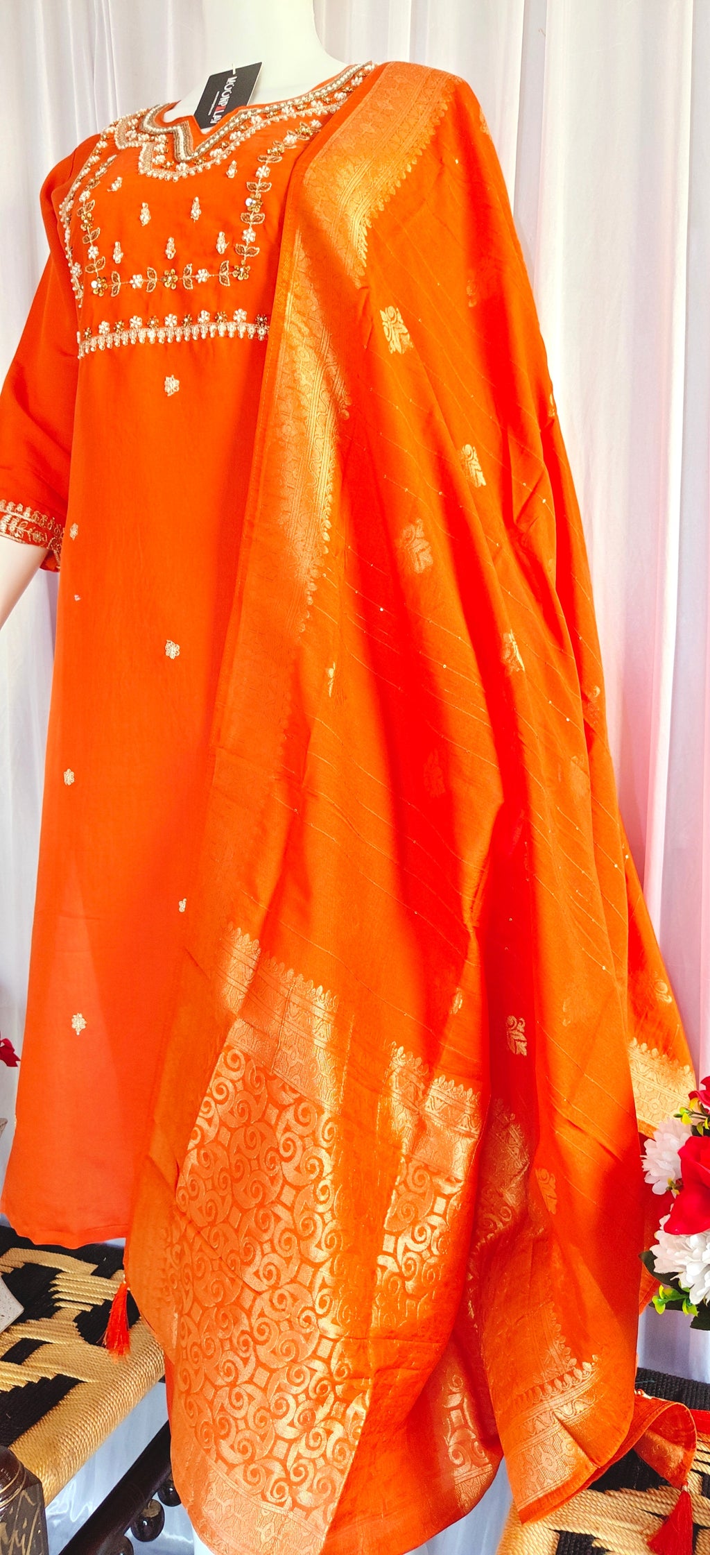 Moonpalav Burnt Orange Viscose Silk Festive Wear Kurti Set