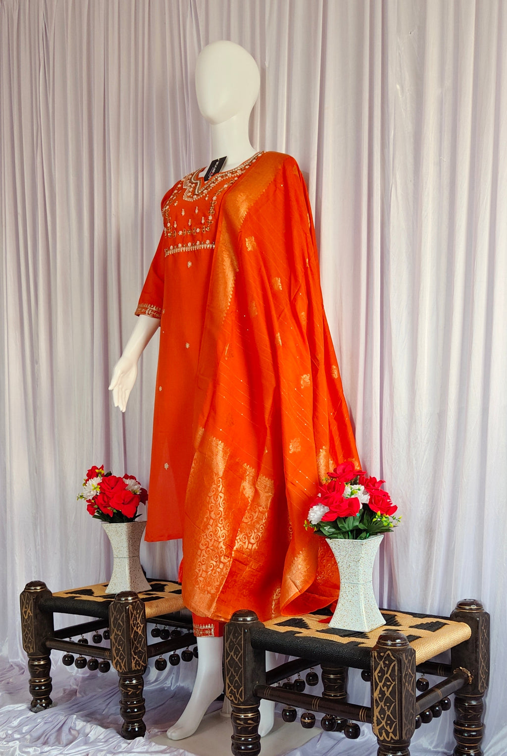 Moonpalav Burnt Orange Viscose Silk Festive Wear Kurti Set