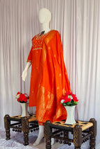 Moonpalav Burnt Orange Viscose Silk Festive Wear Kurti Set