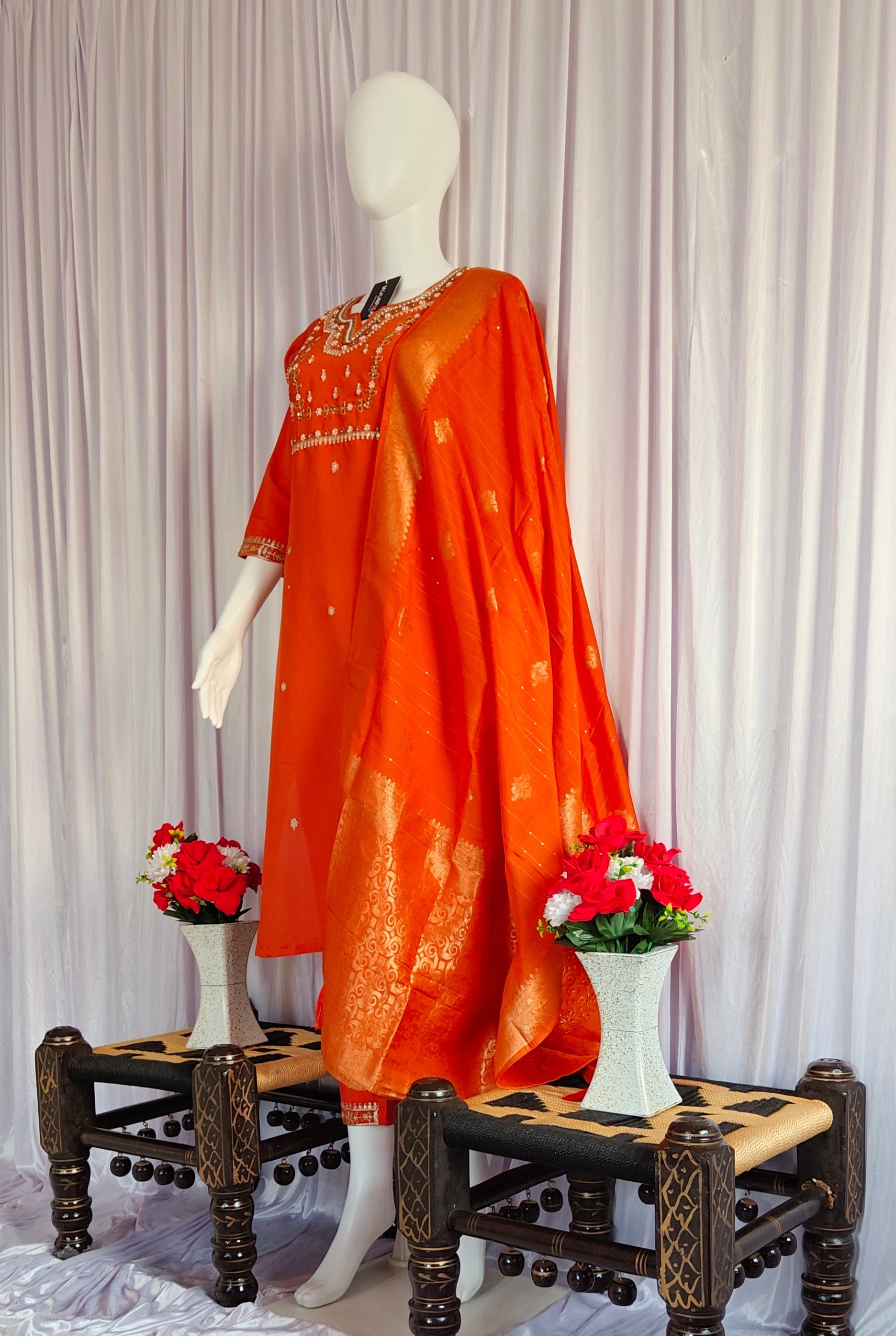 Moonpalav Burnt Orange Viscose Silk Festive Wear Kurti Set