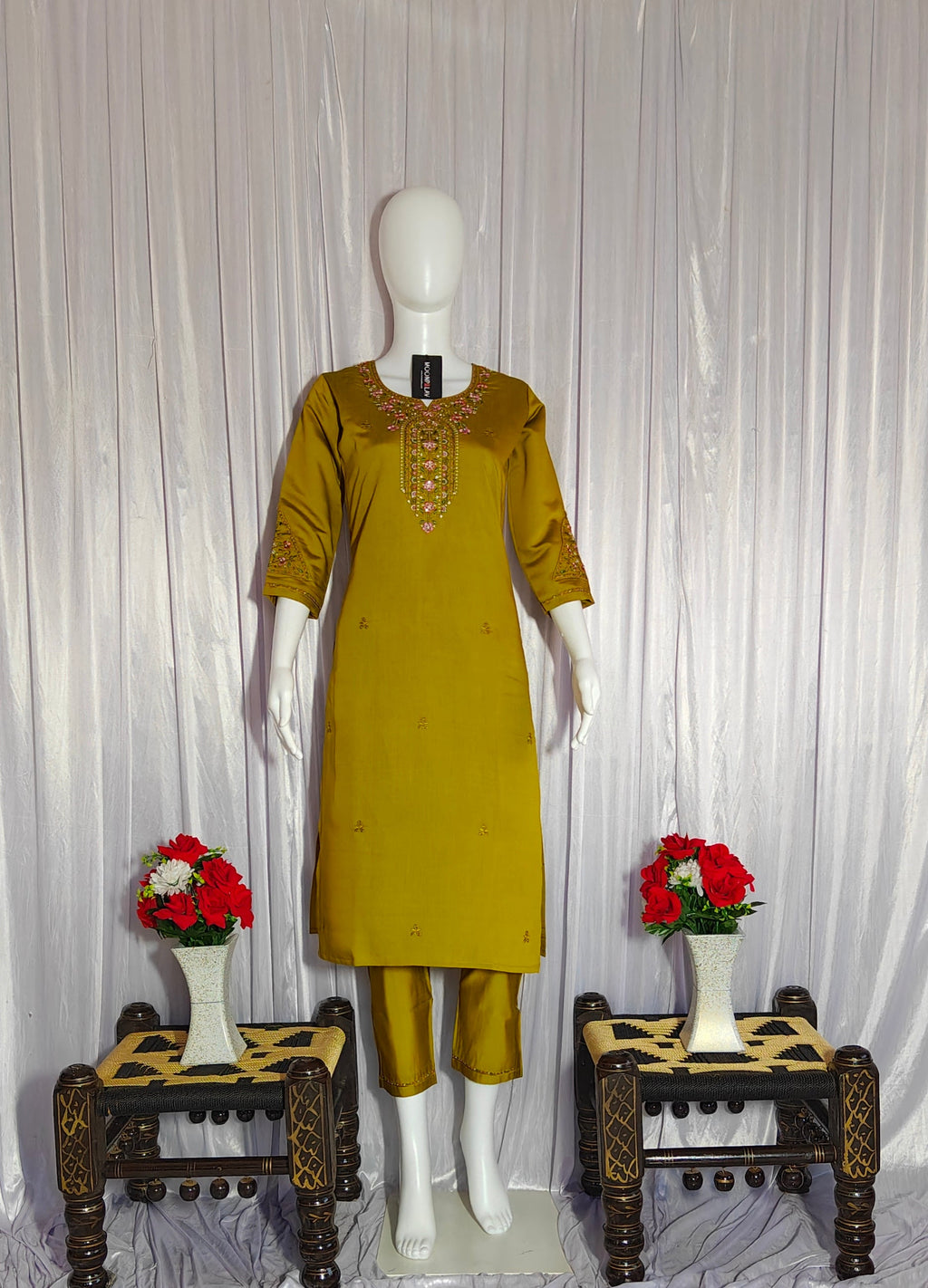 Moonpalav Mustard Yellow Roman Silk Hand-Embroidered Suit with Dupatta