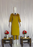 Moonpalav Mustard Yellow Roman Silk Hand-Embroidered Suit with Dupatta