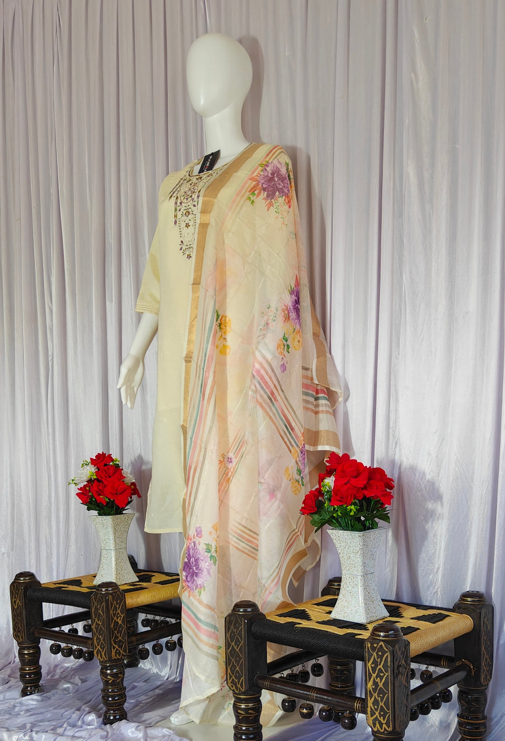 Moonpalav Pearl Cream Shimmer Gold Silk Embroidered Suit with Muslin Dupatta