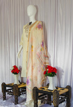 Moonpalav Pearl Cream Shimmer Gold Silk Embroidered Suit with Muslin Dupatta