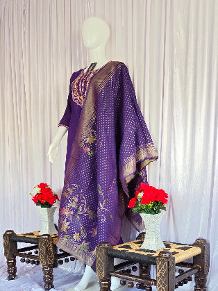 Moonpalav Royal Purple Marina Silk Embroidered Suit with Meena Work Dupatta