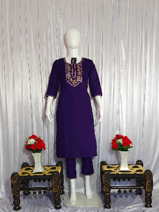 Moonpalav Royal Purple Marina Silk Embroidered Suit with Meena Work Dupatta