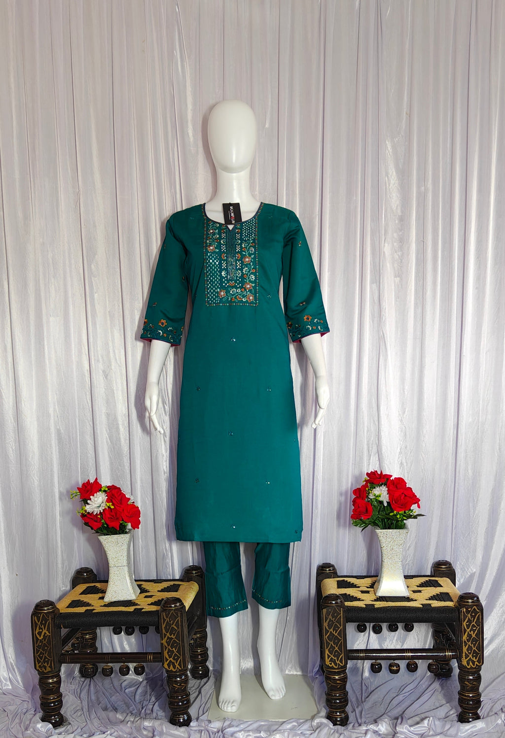 Moonpalav Emerald Teal Roman Silk Suit with Scalloped Chanderi Dupatta