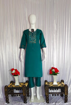 Moonpalav Emerald Teal Roman Silk Suit with Scalloped Chanderi Dupatta