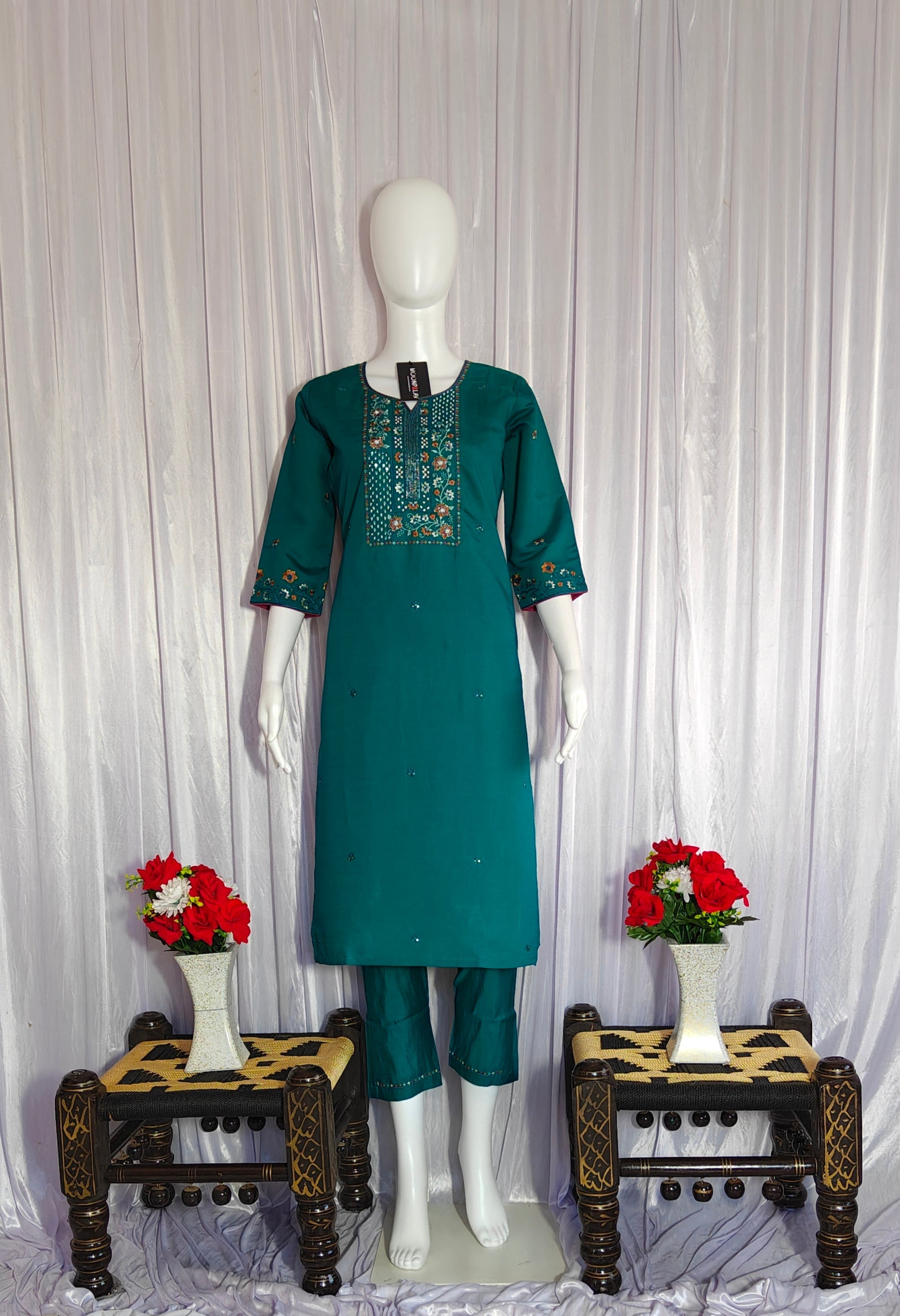 Moonpalav Emerald Teal Roman Silk Suit with Scalloped Chanderi Dupatta