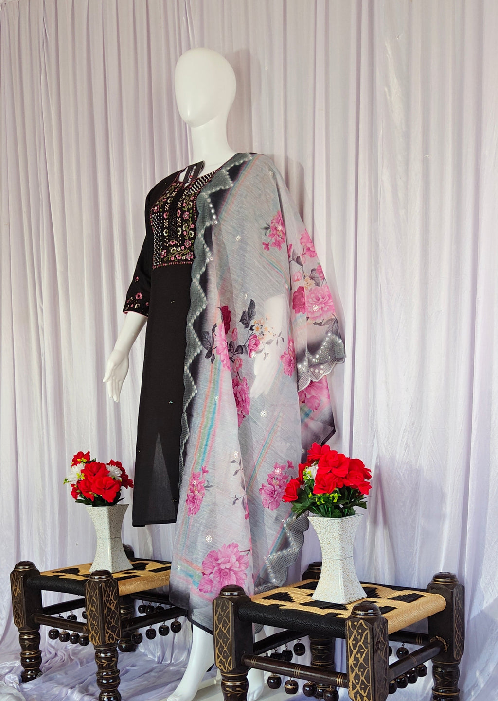 Moonpalav Midnight Black Roman Silk Festive Suit with Chanderi Dupatta