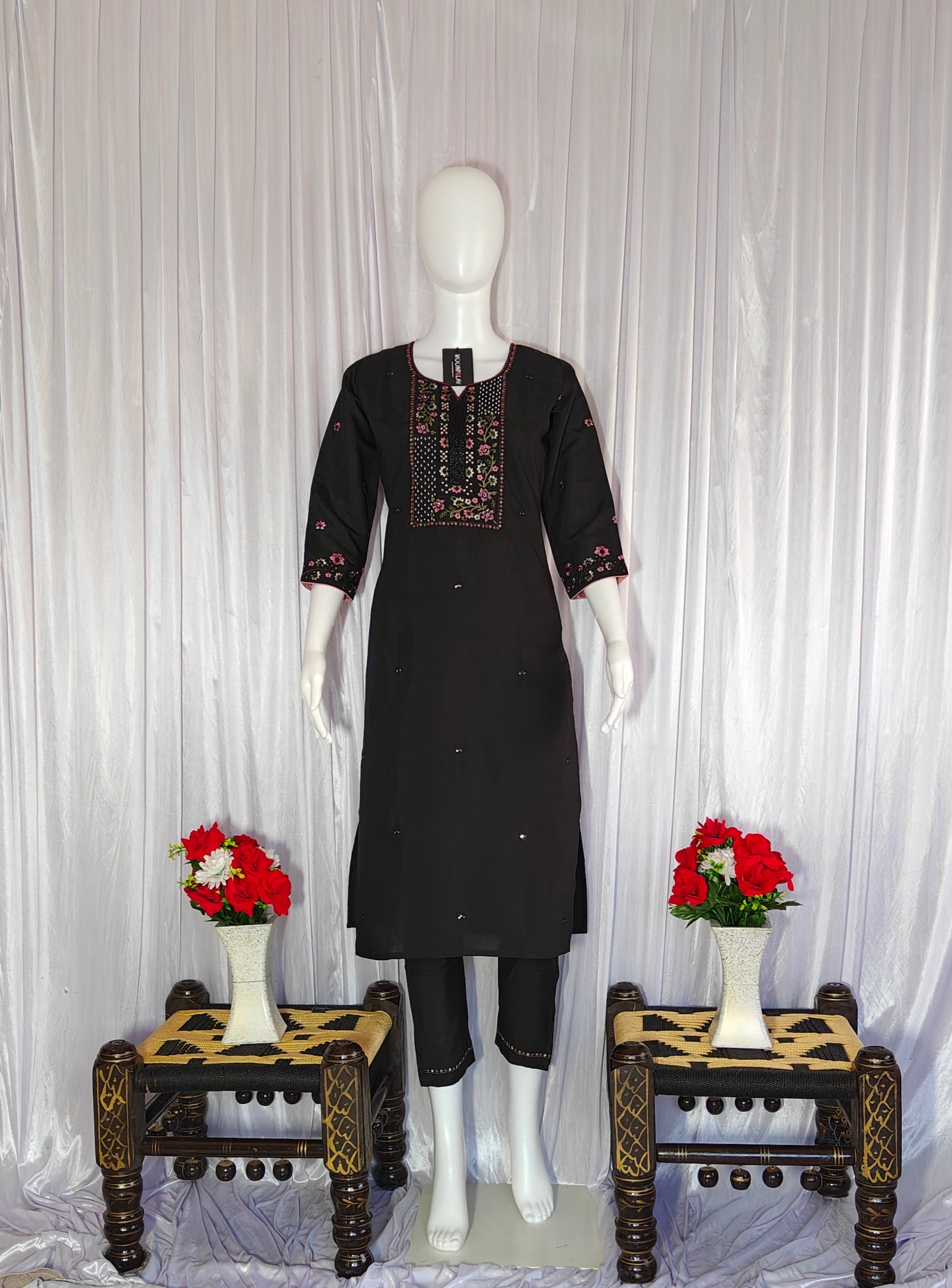 Moonpalav Midnight Black Roman Silk Festive Suit with Chanderi Dupatta
