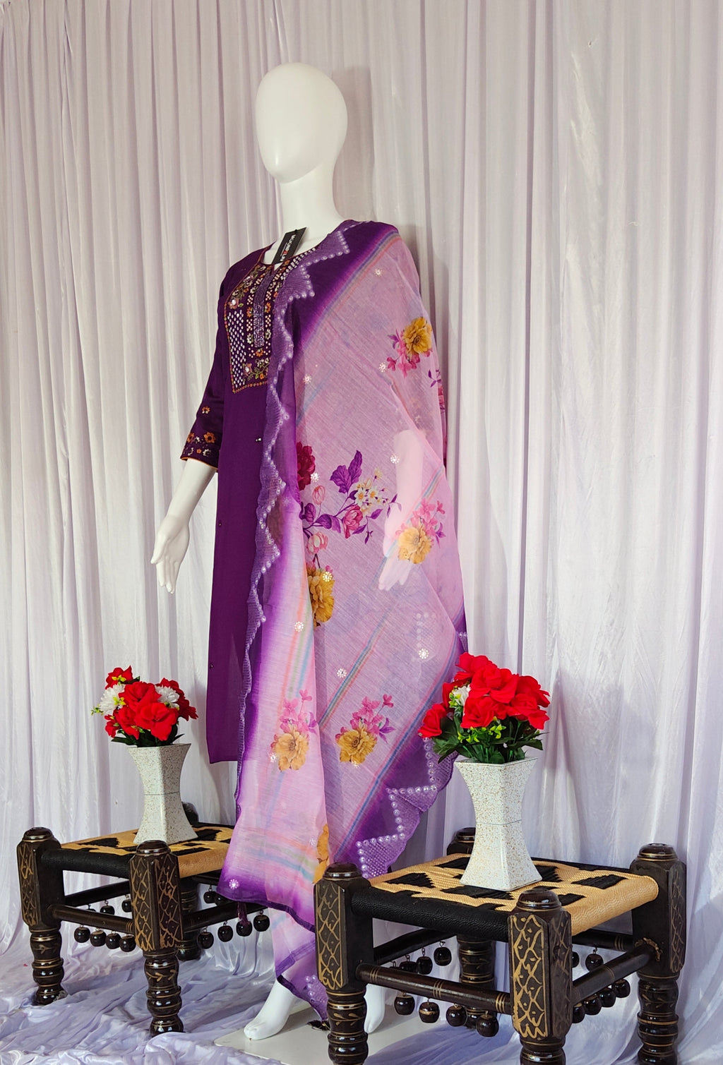 Moonpalav Royal Plum Roman Silk Designer Suit with Scalloped Dupatta