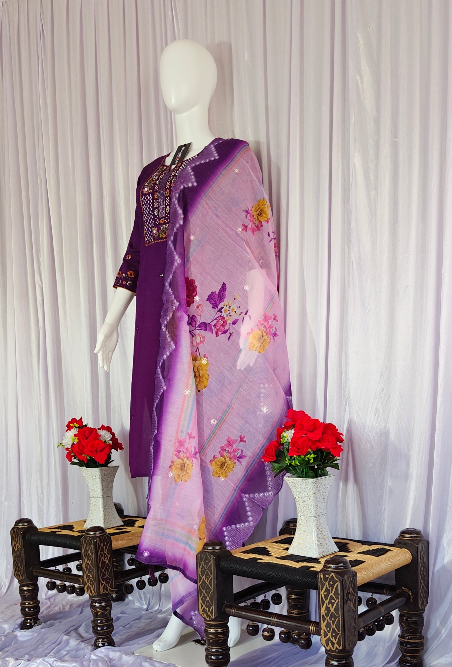 Moonpalav Royal Plum Roman Silk Designer Suit with Scalloped Dupatta