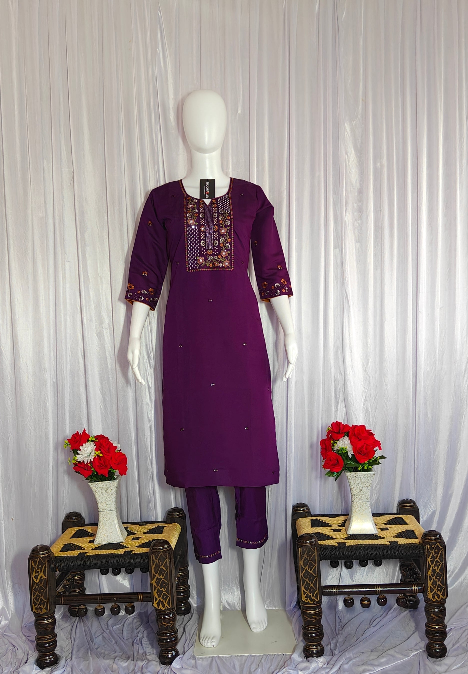 Moonpalav Royal Plum Roman Silk Designer Suit with Scalloped Dupatta