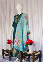 Moonpalav Bottle Green Viscose Silk Suit with Digital Print Chanderi Dupatta