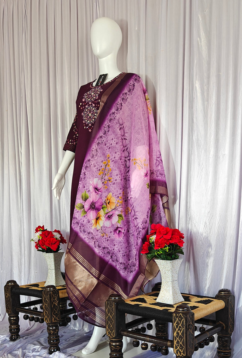 Moonpalav Wine Purple Viscose Silk Designer Suit with Digital Print Dupatta