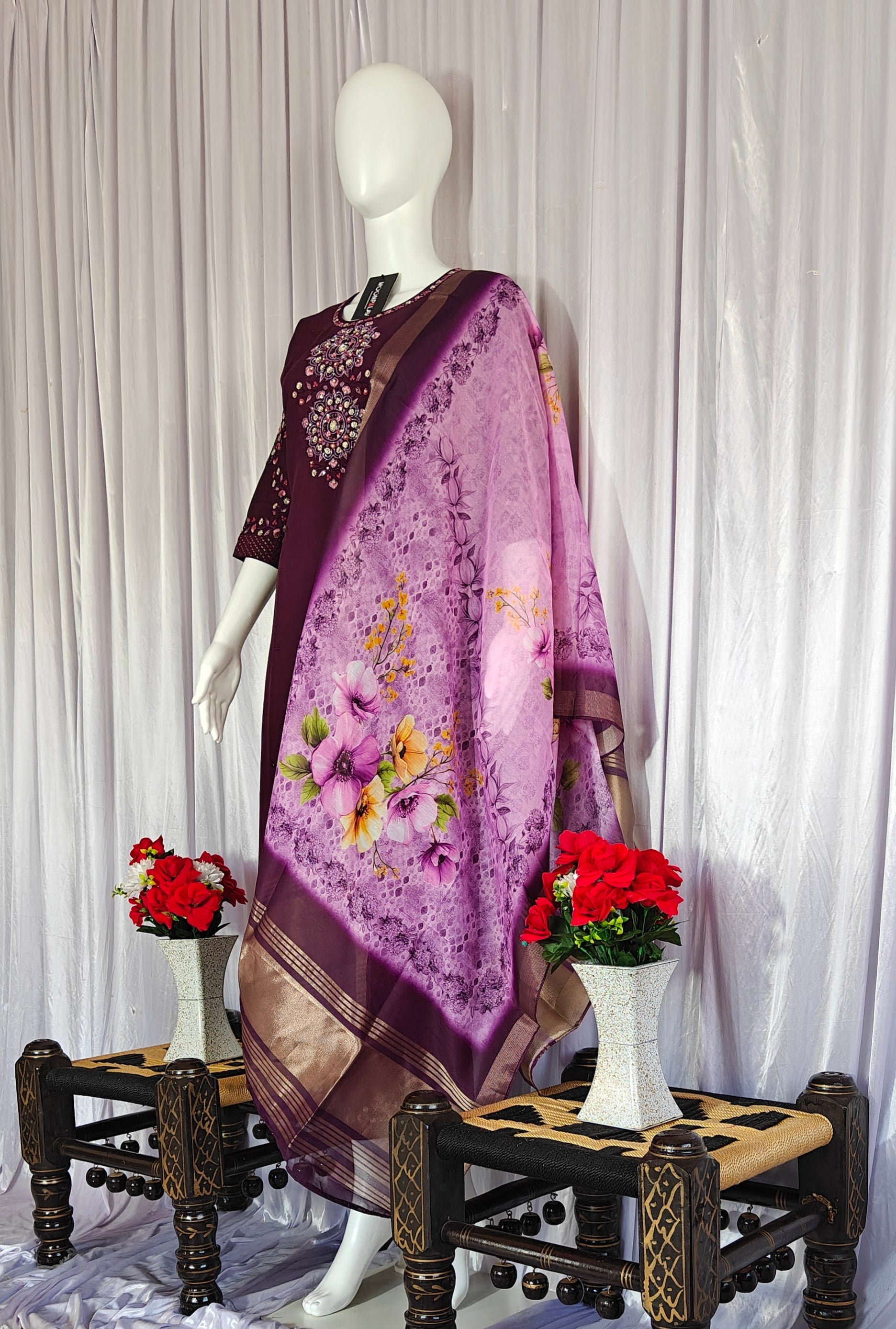 Moonpalav Wine Purple Viscose Silk Designer Suit with Digital Print Dupatta