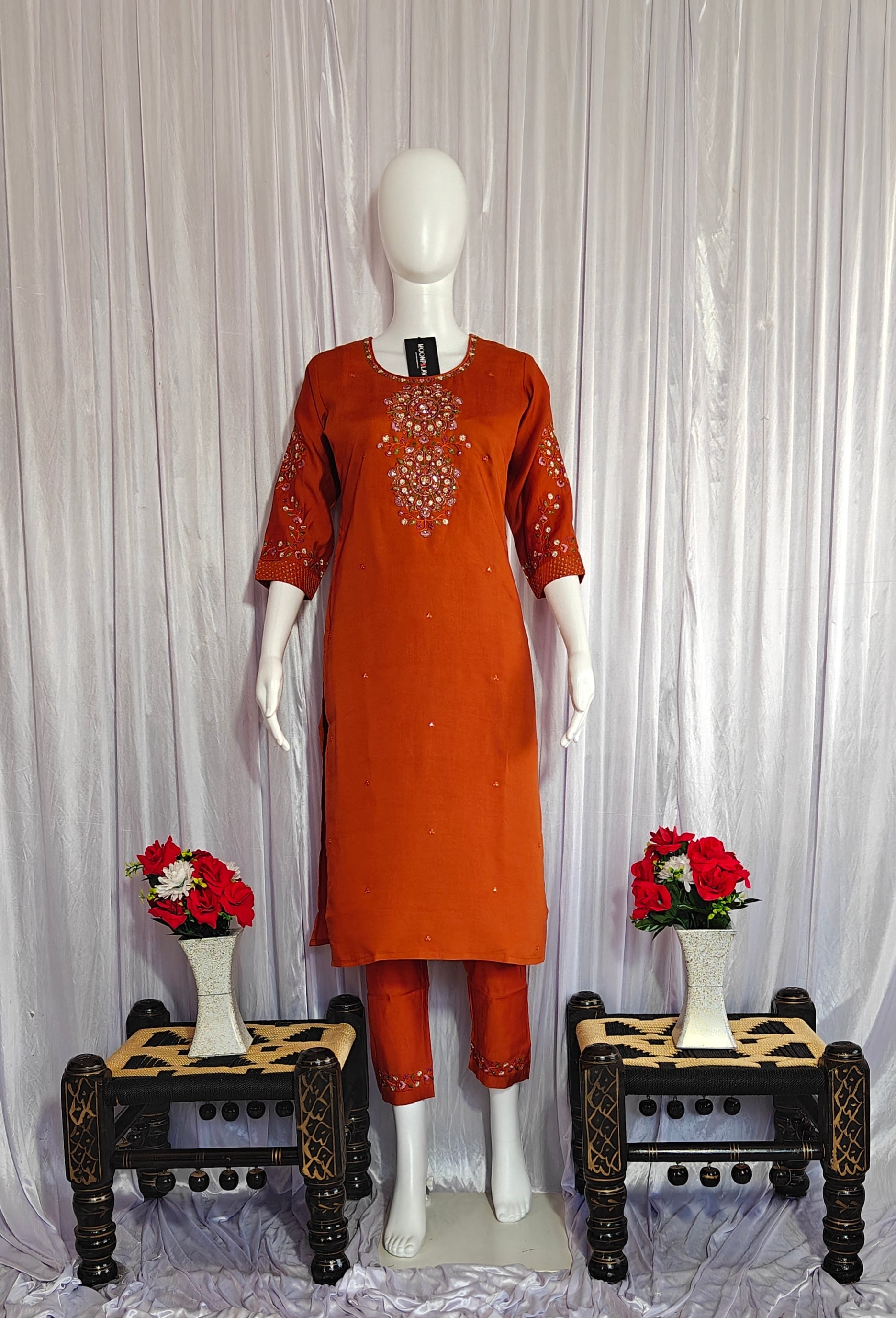 Moonpalav Rust Orange Viscose Silk Festive Suit with Digital Print Dupatta