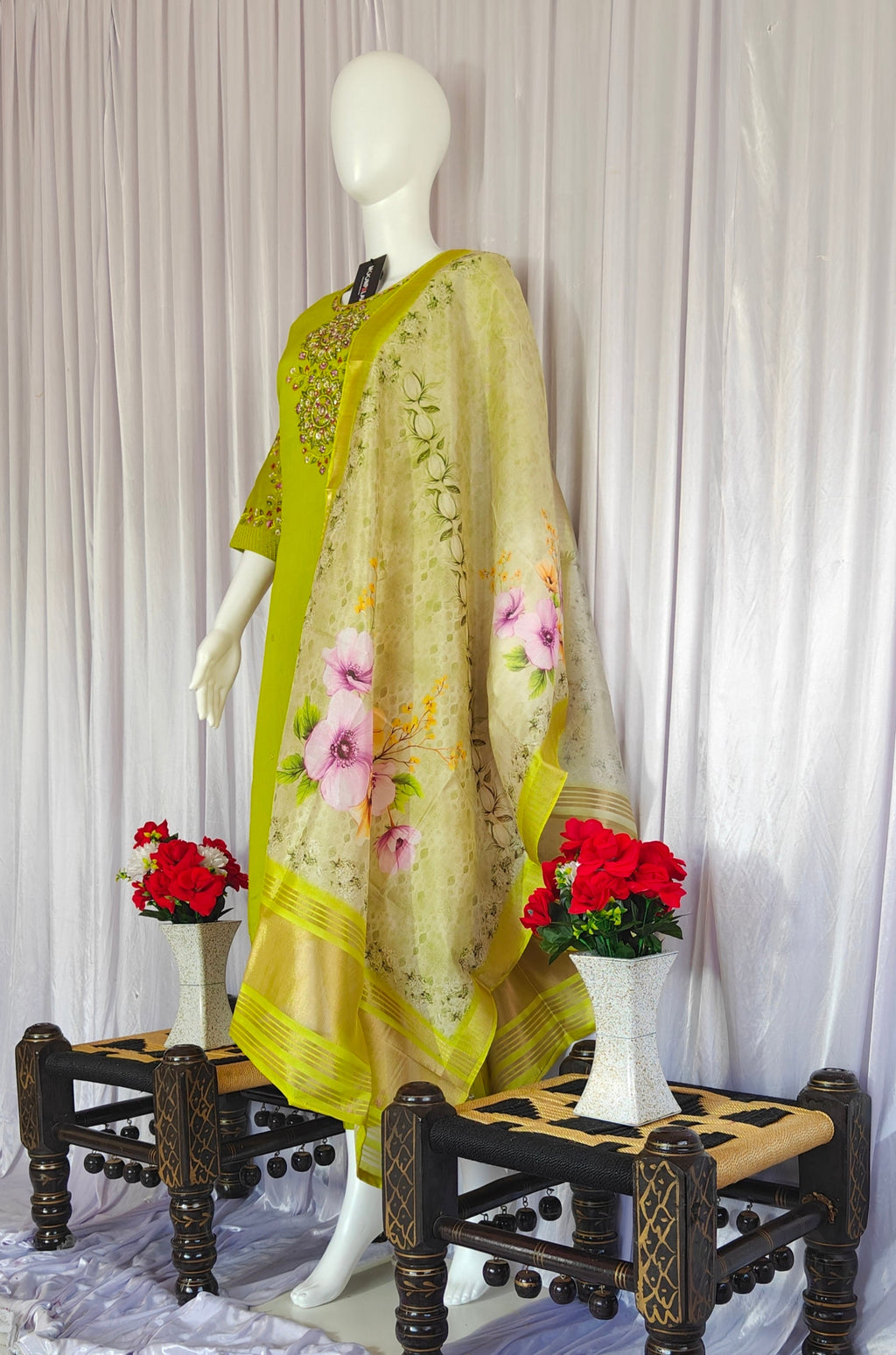 Moonpalav Lime Green Viscose Silk Luxury Suit with Digital Print Dupatta