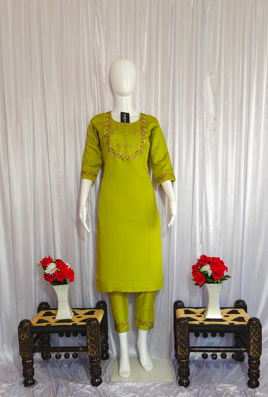 Moonpalav Olive Green Marina Silk Kurti Set with Digital Print Dupatta