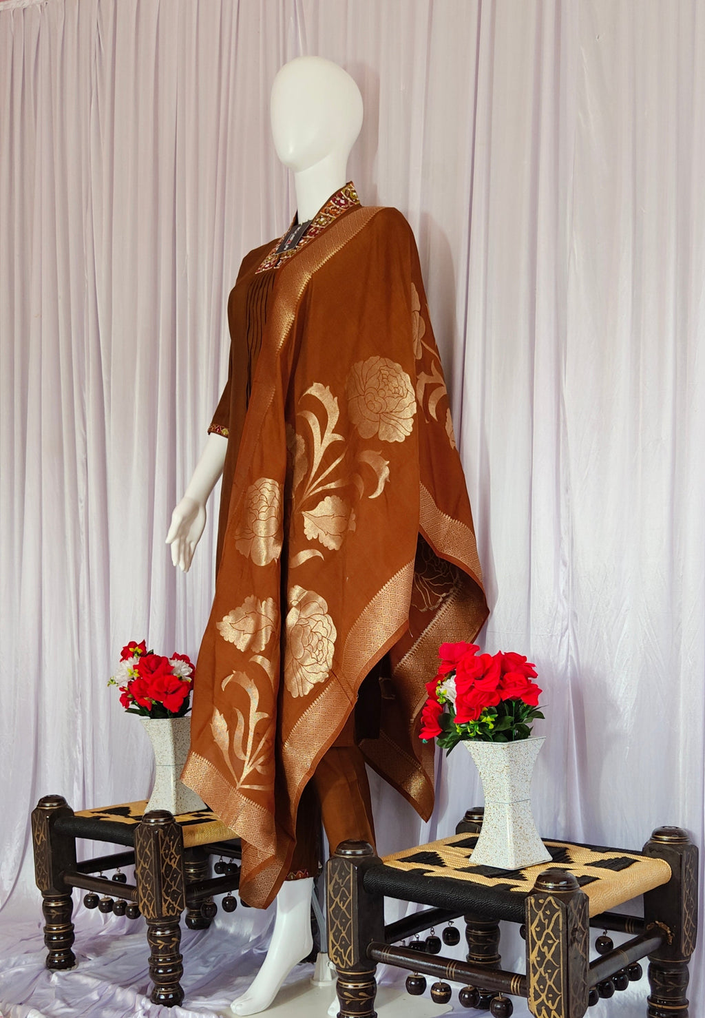 Moonpalav Earth Brown Mango Silk Handwork Suit Set for Weddings