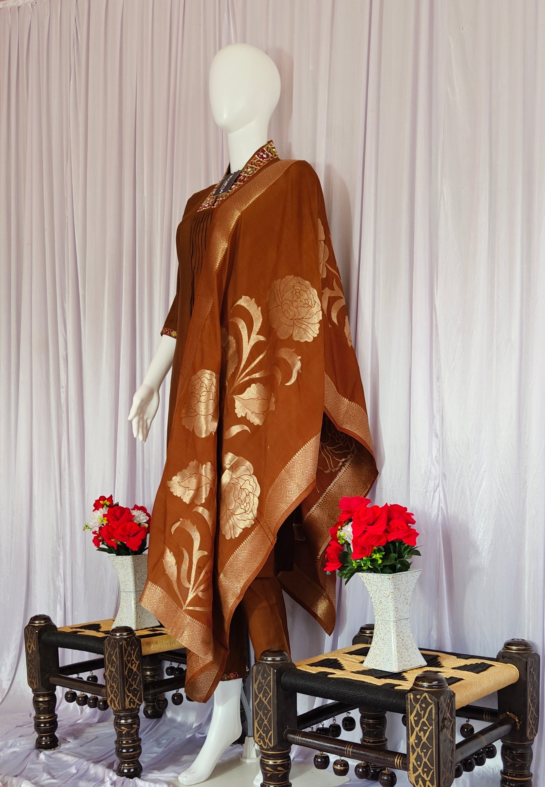 Moonpalav Earth Brown Mango Silk Handwork Suit Set for Weddings