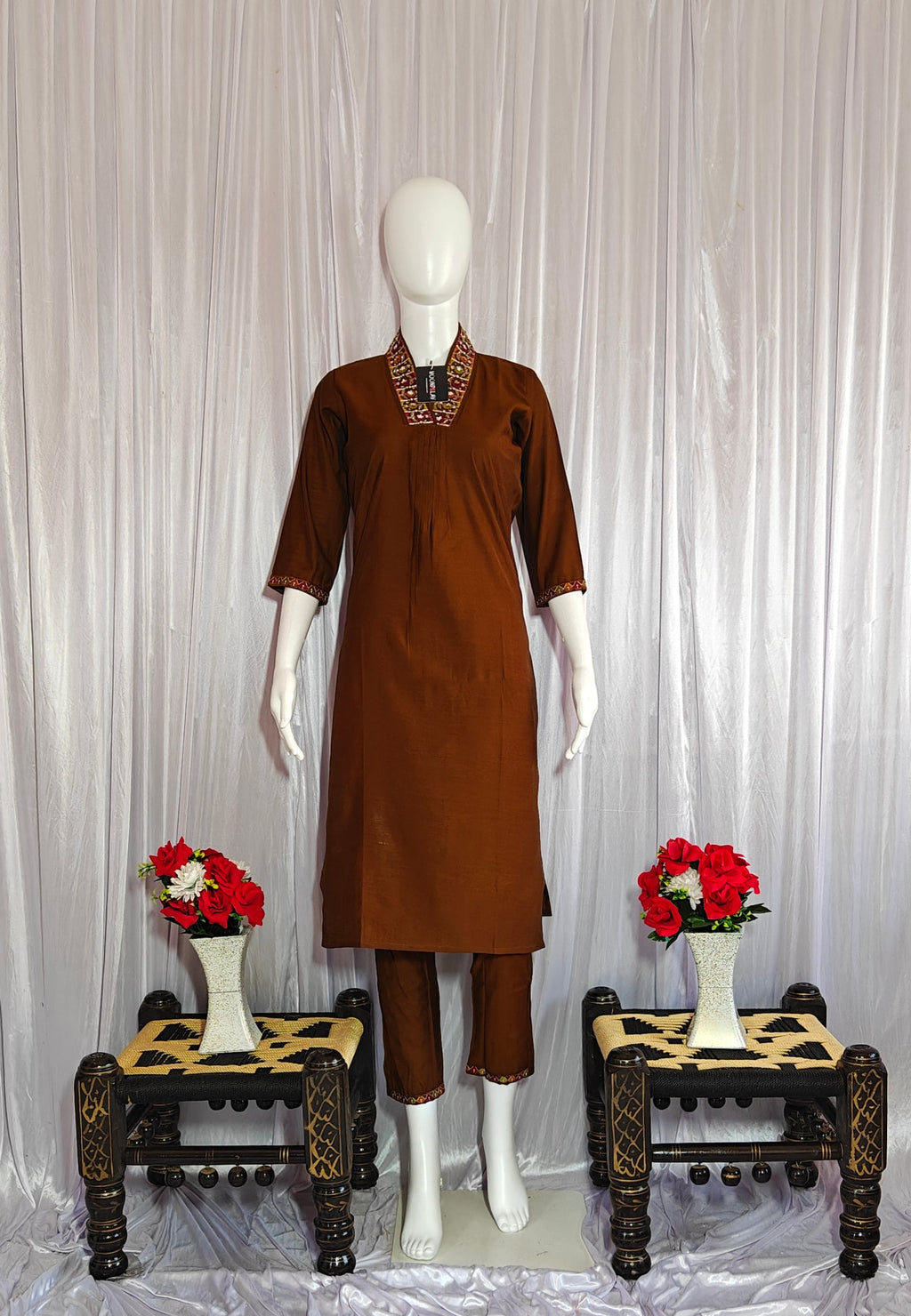Moonpalav Earth Brown Mango Silk Handwork Suit Set for Weddings