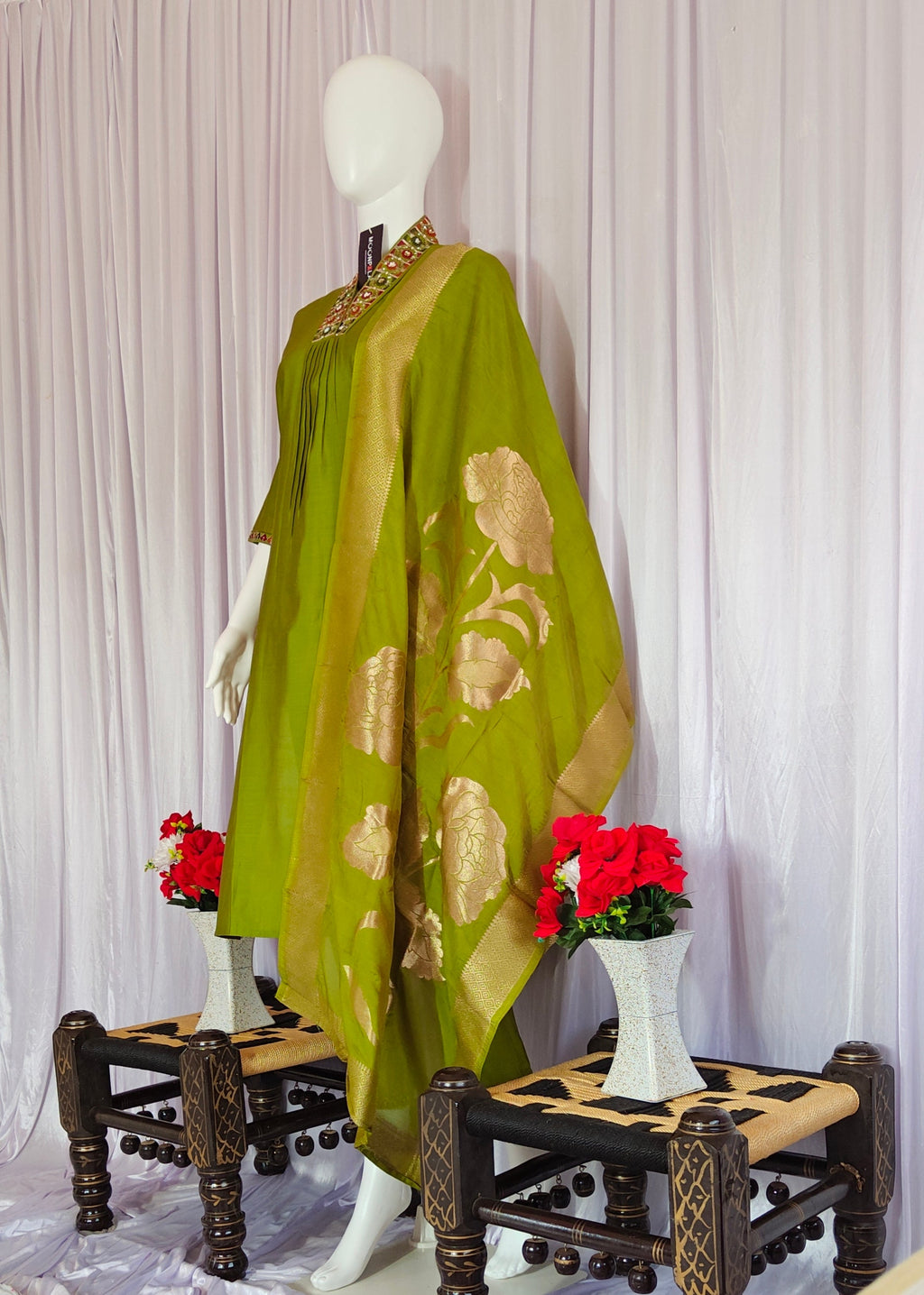 Moonpalav Olive Green Mango Silk Festive Kurti Pant Set With Dupatta