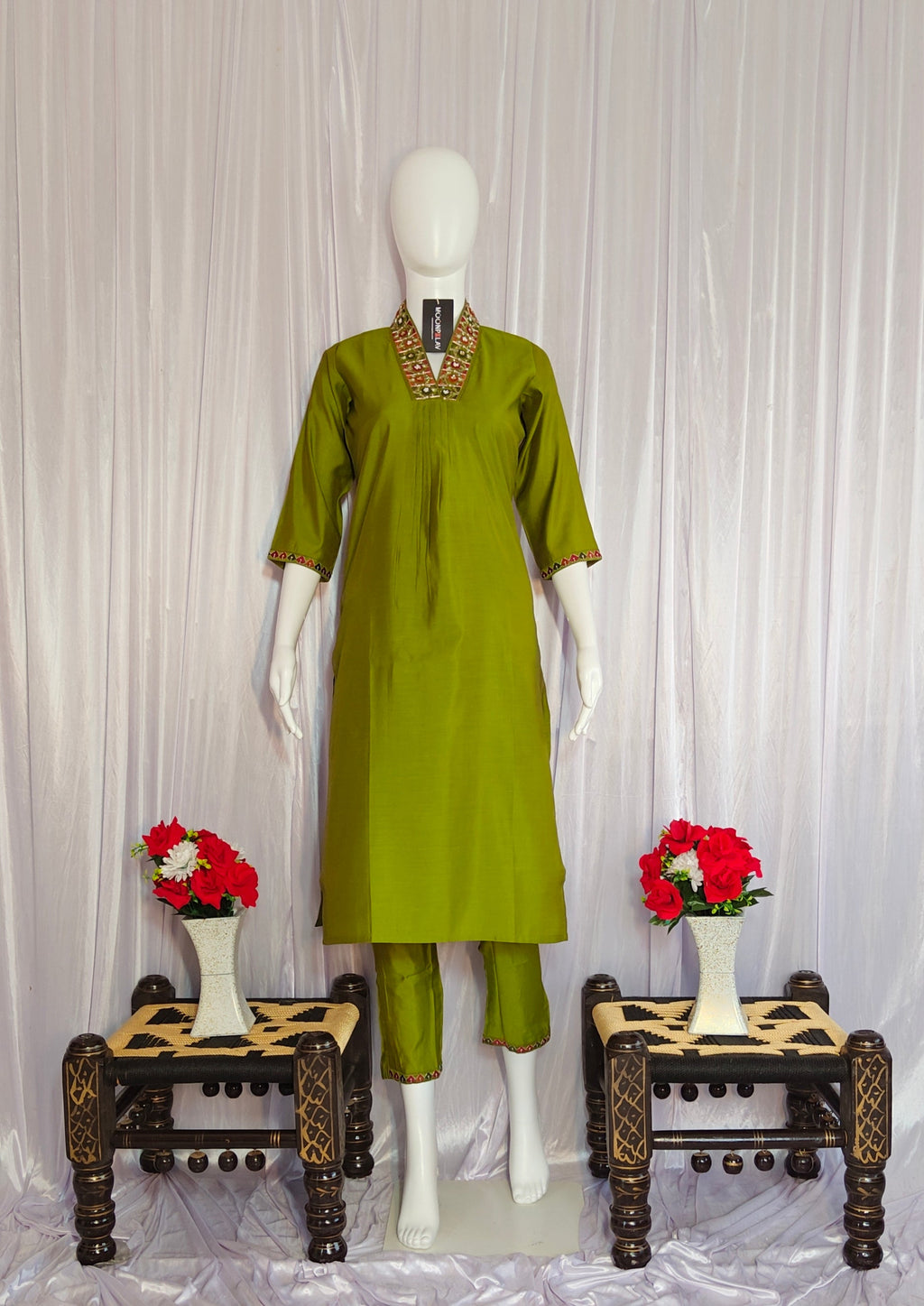 Moonpalav Olive Green Mango Silk Festive Kurti Pant Set With Dupatta